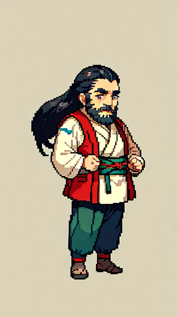 Old man in ancient Chinese costume、Wise Old Man、Looking into the camera、His hair is tied in a bun、Only one topknot、Long sleeve、Hanfu、Black Hair、Stand and pose、Pixel art、(masterpiece, highest quality, highest quality), pixel,pixel art,whole body,Characters in Romance of the Three Kingdoms、Transform、(beard)、Short Deformation、Old man with long beard