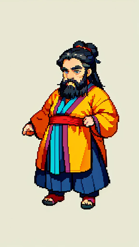Old man in ancient Chinese costume、Wise Old Man、Looking into the camera、His hair is tied in a bun、Only one topknot、Long sleeve、Hanfu、Black Hair、Stand and pose、Pixel art、(masterpiece, highest quality, highest quality), pixel,pixel art,whole body,Characters in Romance of the Three Kingdoms、Transform、(beard)、Short Deformation、Old man with long beard