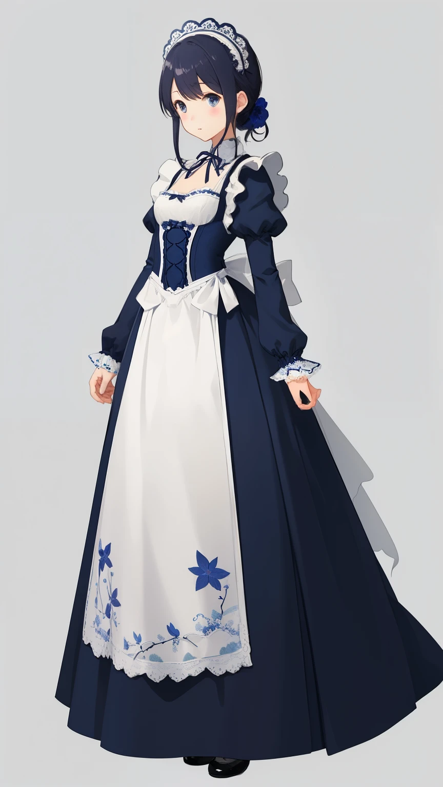 Maid clothes。Design Concept Art、Costume design only、Navy blue based design、Fantastic and dreamy, dream style, embroidery, Backlight、Blank background、