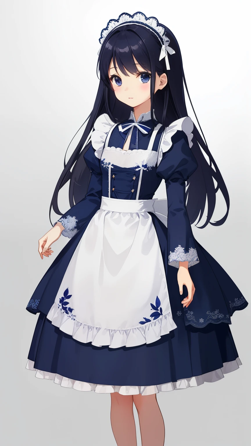 Maid clothes。Design Concept Art、Costume design only、Navy blue based design、Fantastic and dreamy, dream style, embroidery, Backlight、Blank background、