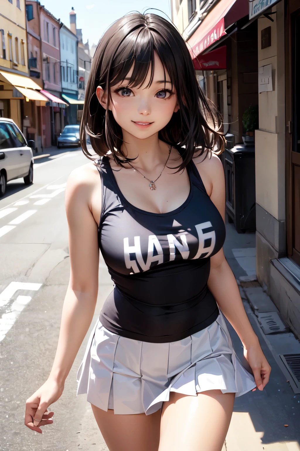 very cute and beautiful girl,(highly detailed beautiful face),(pink tank top with many letters on chest), walking,town street,frilled white mini skirt,(smile:1.2),happy,black hair,mid shot,detailed legs, (best quality,masterpiece),absurdres,highres,ultra-detailed,extremely detailed,32k,8k resolution, intricate details,cinematic scene,detailed background,solo,dynamic angle,perfect hands,