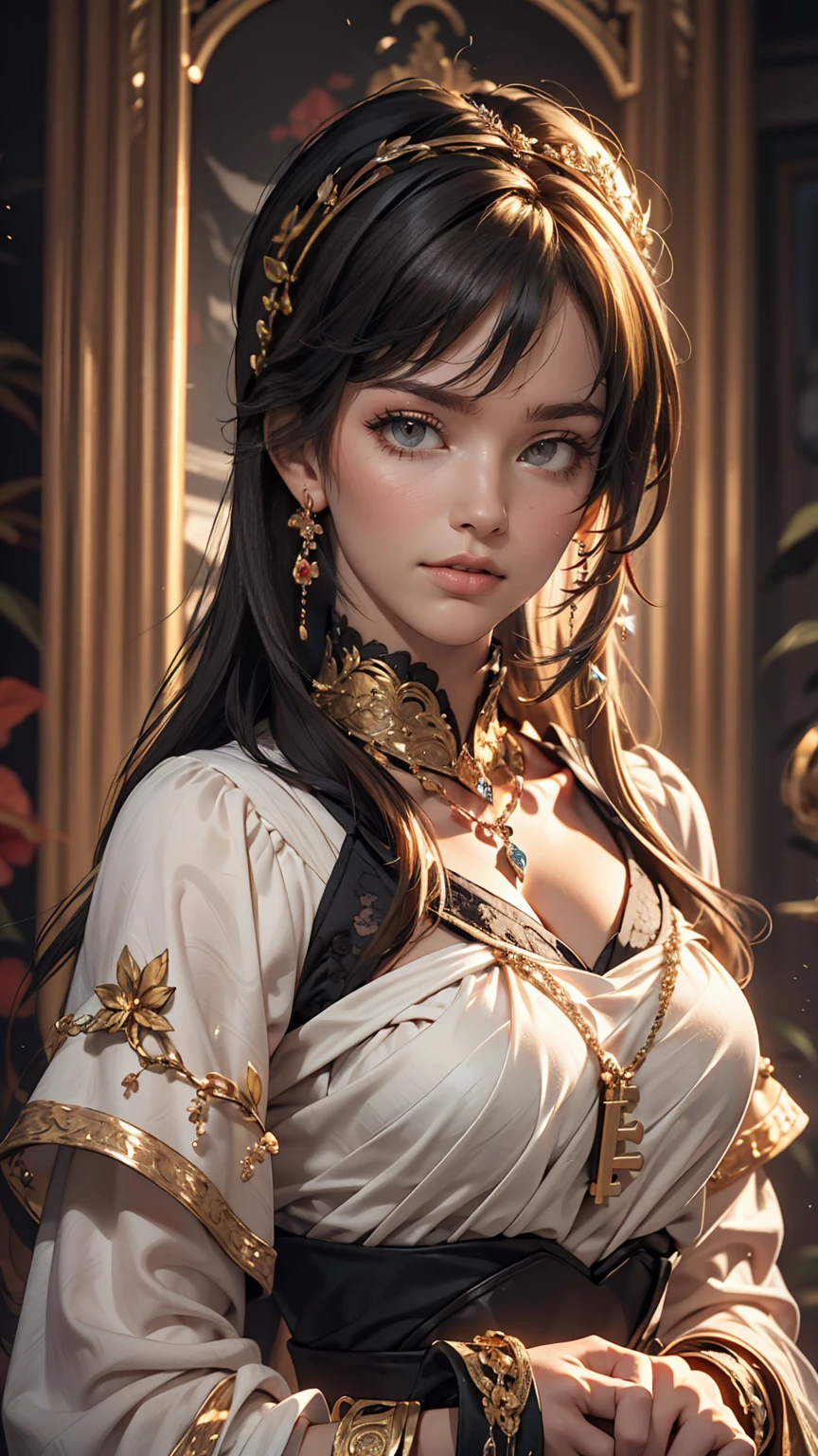 (Surreal), (shape), (Increased resolution), (8k), (Very detailed), (Best shape), (Beautiful and detailed), (highest quality), (Very detailed), (masterpiece ), ( wallpaper), (Detailed face), alone, 1 girl, Looking at the audience, The finer details, Detailed face, In the Dark, Deep Shadow, Inconspicuous key, Pure ?????? face ace_v1, smile, Long Hair, Black shawl Straight hair , 46 point diagonal bangs
