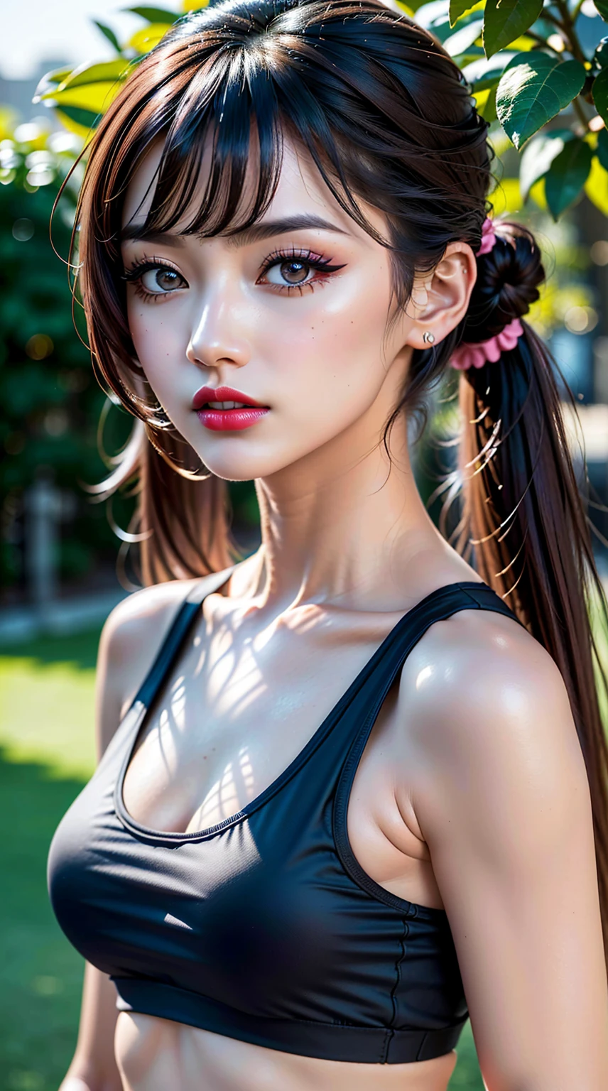 Split ratio : 1,1,1 Basic ratio : (Girl In The Garden:1.2),(Very beautiful face details)(highest quality:1.4)16K resolution,(photo Realistic:1.45), (Realistic:1.45), 16k, High resolution, (Vibrant colors), Beautiful lip detail, (red_lipstick:1.2), break (Black hair twin tails:1.2), Sharp focus, Physically based rendering of background flowers:1.2. Soft sunlight, break beautiful detailed eye ((Brown_eye:1.2)) デジタルレンダリングによる女性のeyeのクローズアップ, break (Long Blue_eyelash:1.1), break (pink_compensate:1.2), break (White tank top:1.3),