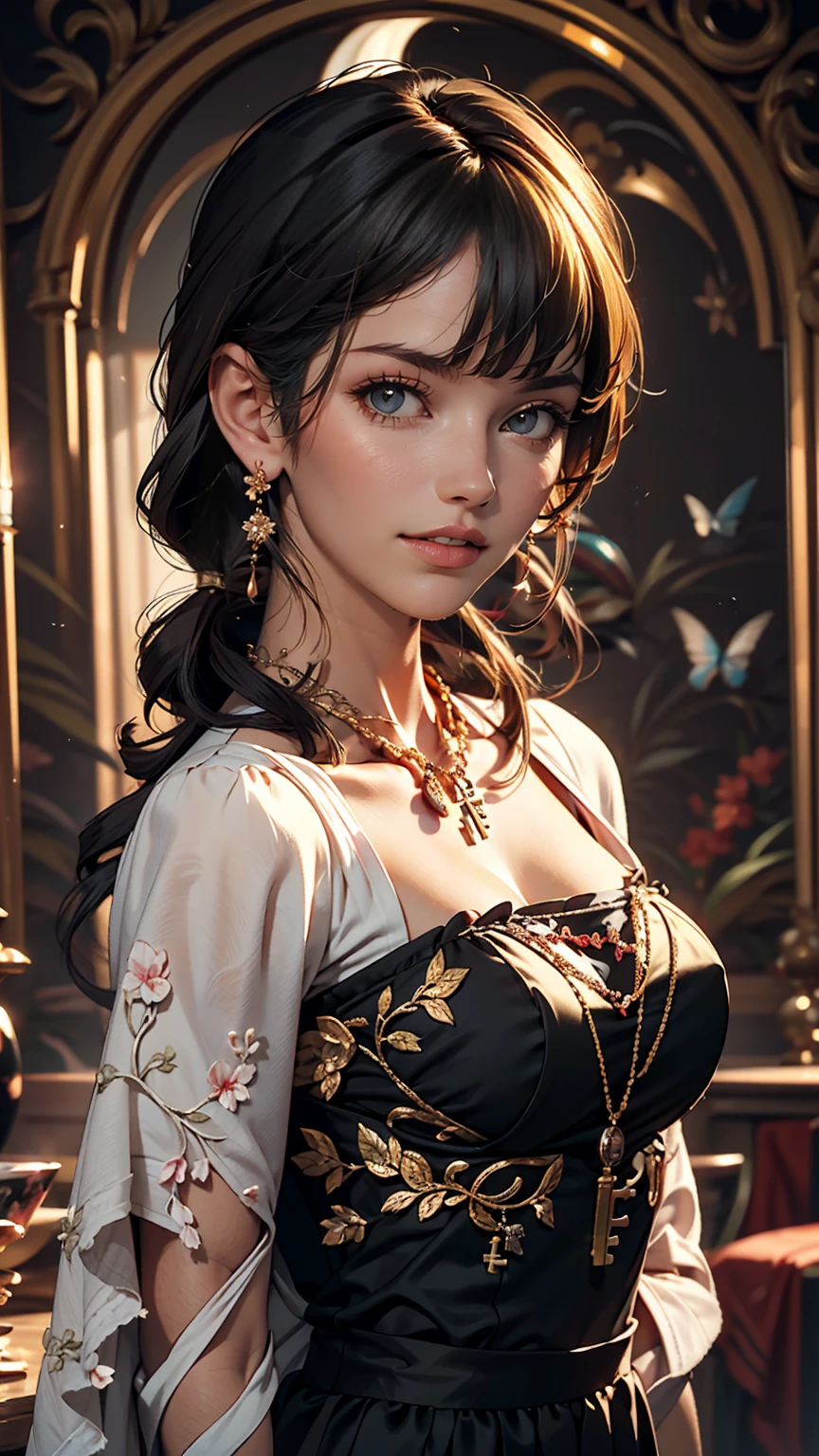 (Surreal), (shape), (Increased resolution), (8k), (Very detailed), (Best shape), (Beautiful and detailed), (highest quality), (Very detailed), (masterpiece ), ( wallpaper), (Detailed face), alone, 1 girl, Looking at the audience, The finer details, Detailed face, In the Dark, Deep Shadow, Inconspicuous key, Pure erotic face ace_v1, smile, Long Hair, Black shawl Straight hair , 46 point diagonal bangs