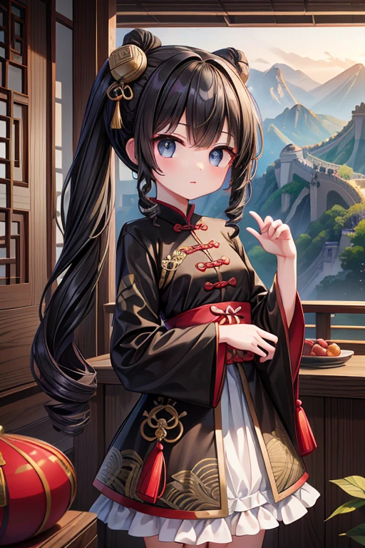 masterpiece, highest quality, High resolution, -yeld giblack eye、
Black Hair、Drill Hair、Twin Drill、Red Chinese clothing、In front of the Great Wall