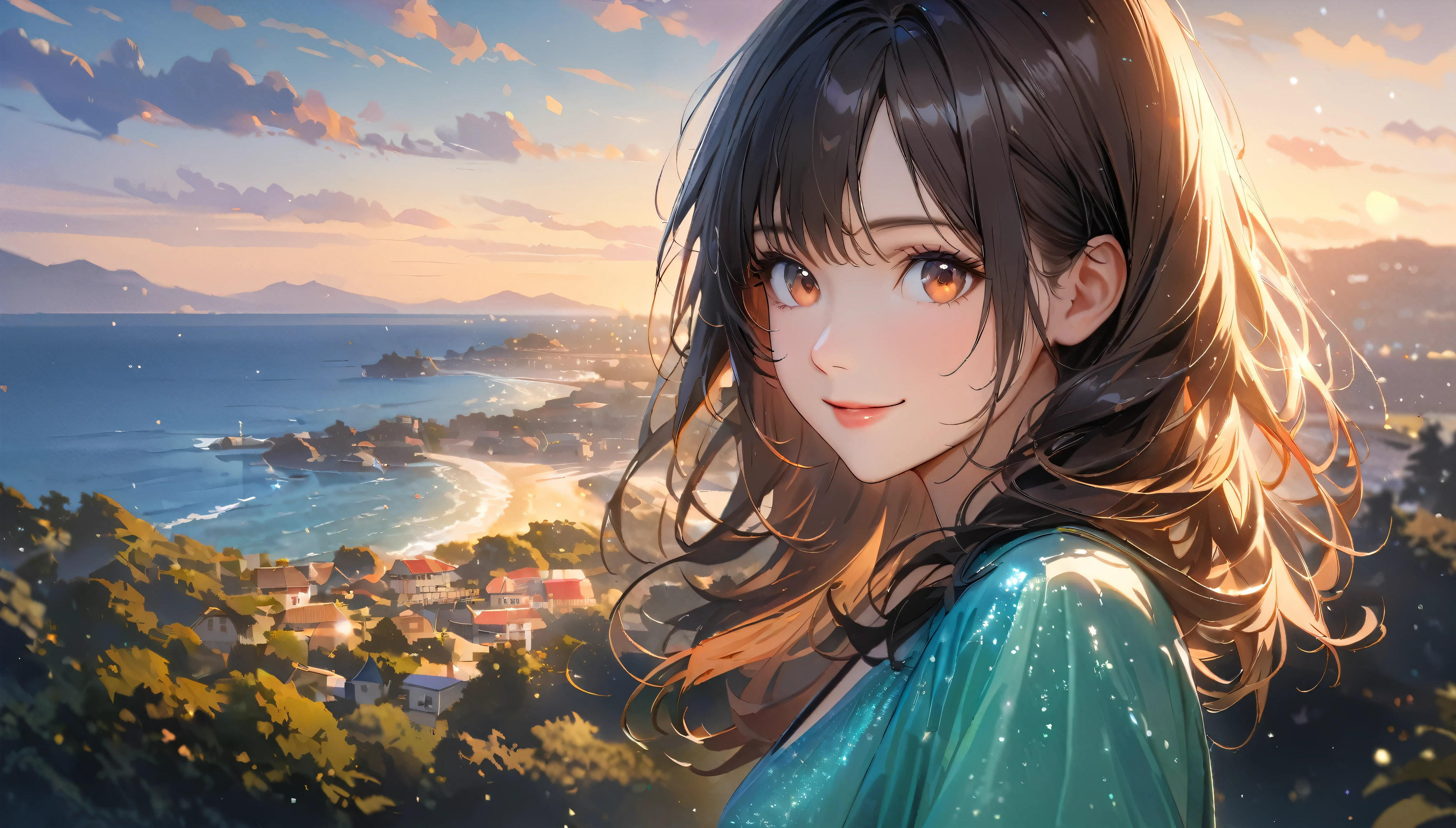 Sparkling ocean and tranquil coastline, Sunny sky with fluffy white clouds, Green trees along the coast々々, Pleasant sea breeze. shape,Young woman with dark hair, smile,Glitter effect,highest quality, 4K, 8k, High resolution, masterpiece:1.2, Very detailed, Realistic:1.37, High resolution, 超High resolution, Studio Lighting, Ultra-fine painting, Sharp focus, Physically Based Rendering, Very detailed explanation, Professional, Vibrant colors, Bokeh, Portraiture, landscape, photograph. Blue dominates the color palette, Natural light scene