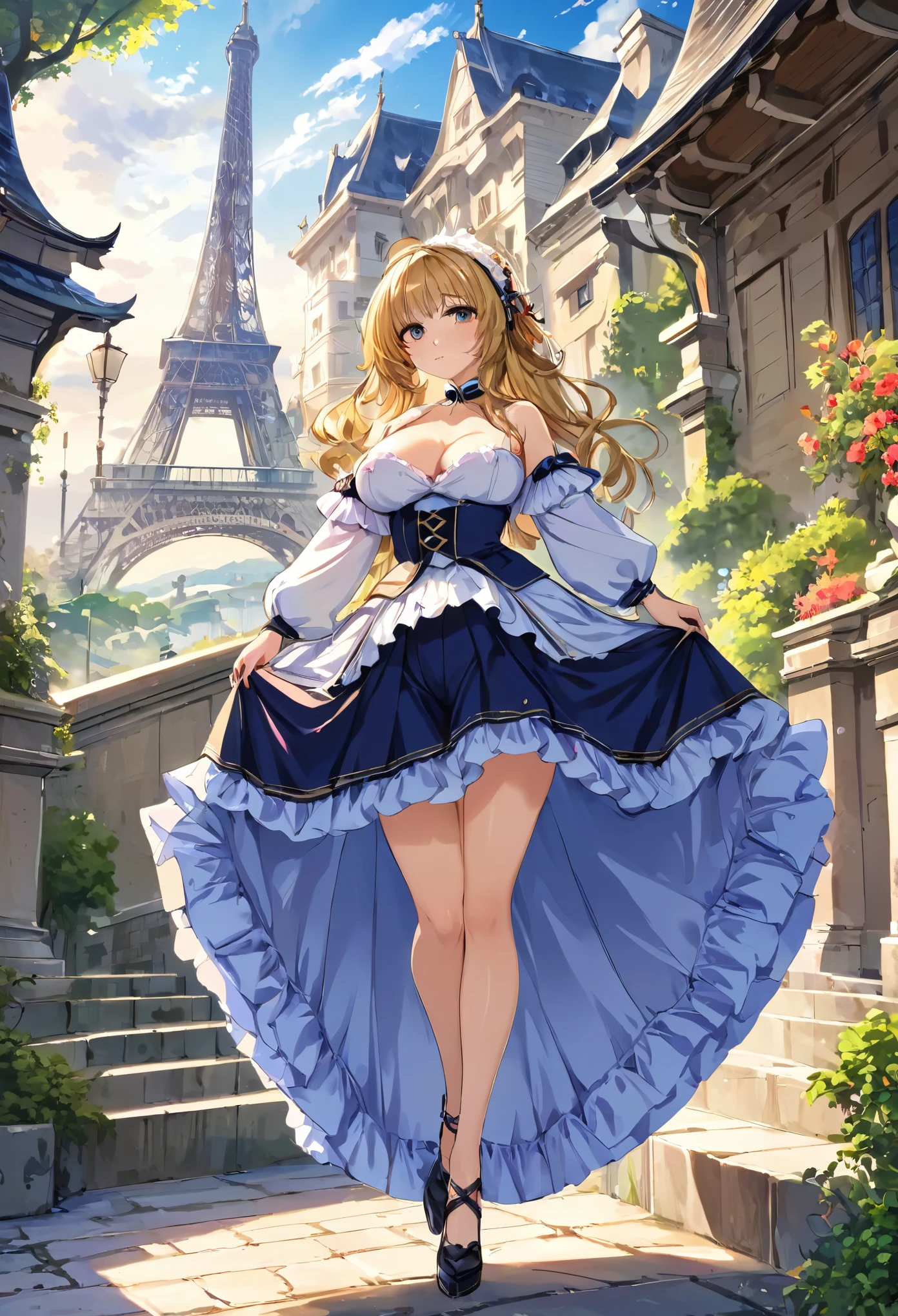 masterpiece、Mastepiece、Award-winning、Anime Girls、Random Hair、Huge breasts、Wearing French national costume、Wear a frilly skirt、Pants that look like they can be seen、Full Body Shot、The background is a fantasy world