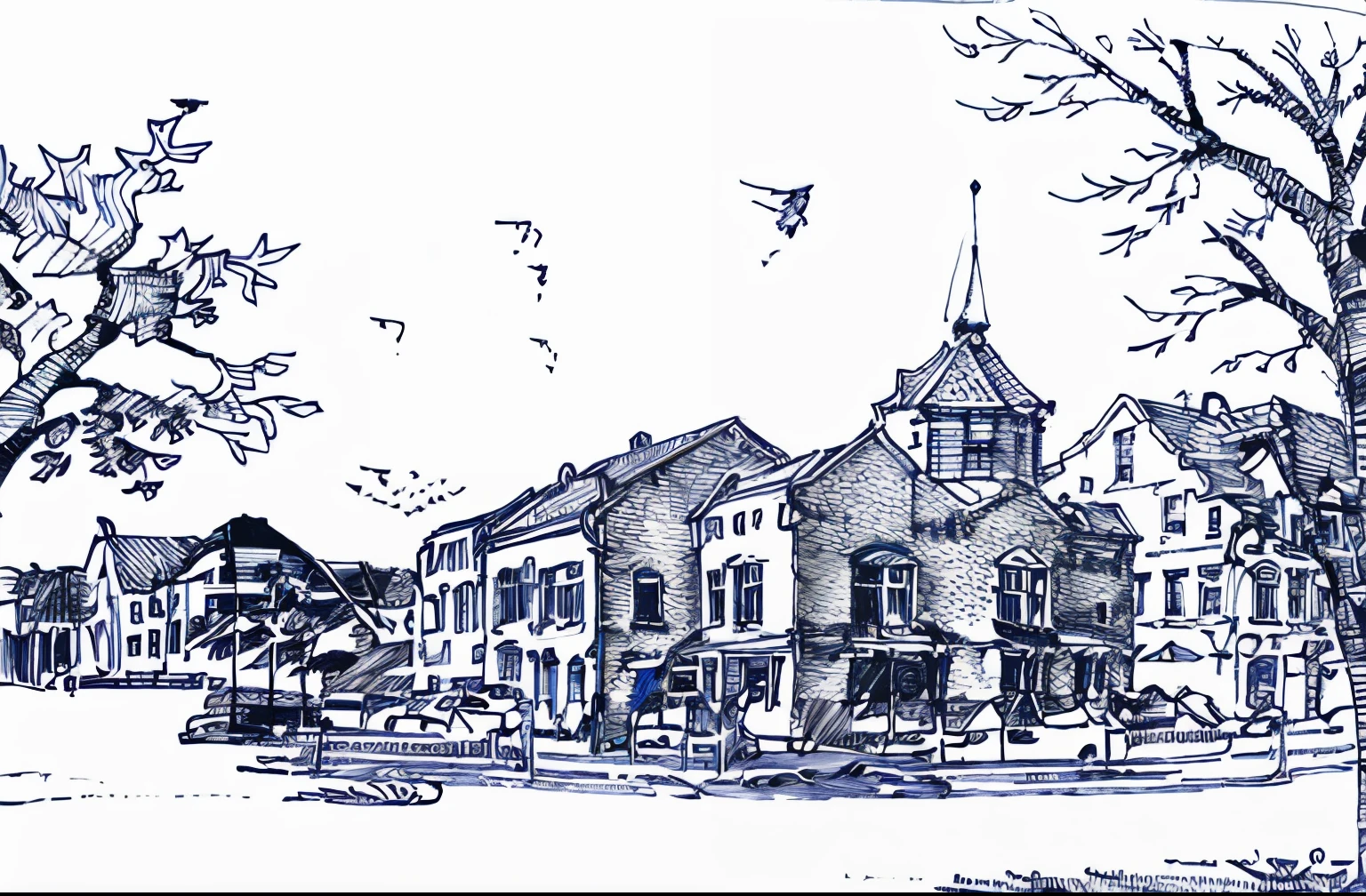 sketch,blue color,line,monochrome, blue theme, tree, scenery, no humans, house, building, outdoors, chimney, ground vehicle, blue theme, house, motor vehicle, bird, window, building, tree, car, white background, no humans