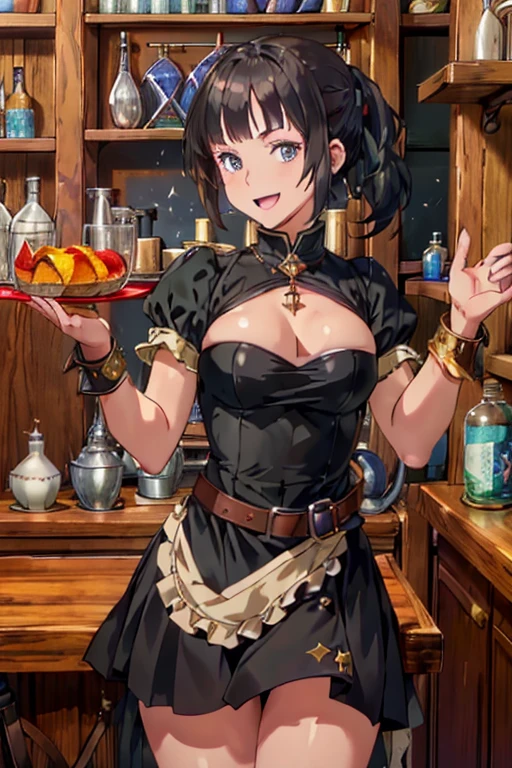 (fantasy:1.5),(anime,8k,masterpiece, top quality, best quality,beautiful and aesthetic:1.2,professional illustrasion:1.1,ultra detail:1.3,perfect lighting),extremely detailed,highest detailed,incredibly absurdres , highres, ultra detailed,intricate:1.6,(Alchemy Workshop:1.4),A girl mixing,Medicine in many small bottles,holding small potion,colorful:1.4,zentangle,(1girl),(girl),(Three kingdoms female warload),(highly detailed beautiful face and eyes,firm breasts),oily skin,((black,hair,short bob with short pony tail hair)),thin pubic hair,cute,lovely,,alchemist costume,Merchant's Clothing,smile,in the kitchen,smile,seductive weak smiling,(with sparkling eyes and a contagious smile),open mouth, Looking at Viewer,