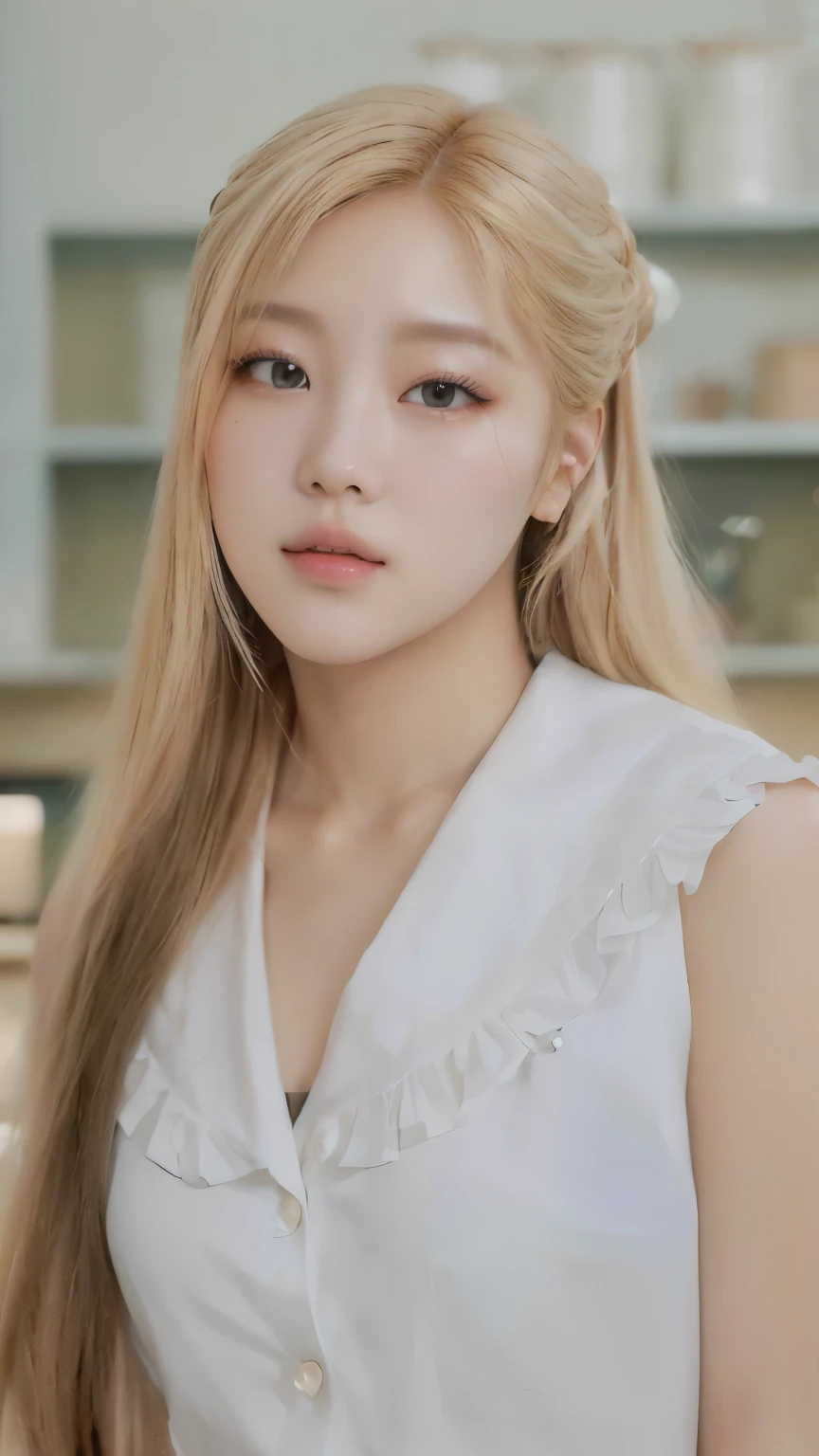 a close up of a woman with long blonde hair wearing a white shirt, roseanne park of blackpink, beautiful southkorean girl, korean girl, headshot profile picture, roseanne park, park chaeyoung, Rosé blackpink, rosé portrait