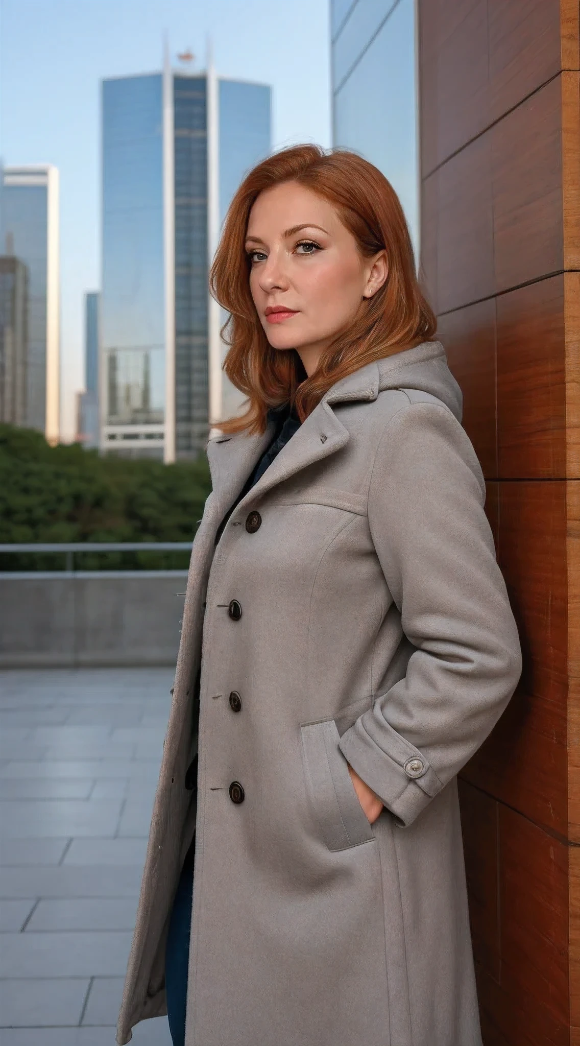 top quality, best quality, High-quality illustrations, masterpiece, super high resolution, detailed background, portrait, female, 43 years old woman, beautiful female, ginger, mature, nearly visible facial wrinkles, theater lighting: 0.7, high res, depth of field, detailed background, a coat, reading newspapper, skyscrapers behind