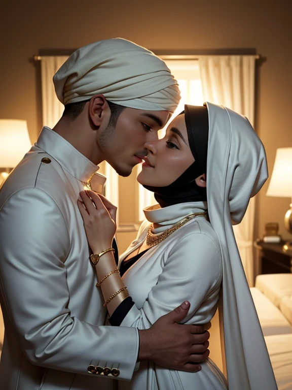Ultra-realistic depiction of a tender moment between a bald boy and a hijabi girl as they lean in for a passionate kiss. The girl is adorned in a maid's white and black coat, the pristine white contrasting with the classic black, and she wears a golden bangle, bracelet, and necklace that sparkle softly under the dim light. A golden Swiss Polo watch peeks out from the sleeve of her coat. The scene unfolds on a large, lying to bed, the room warm and cozy, reflecting the fiery passion between the two lovers. The girl's eyes are filled with a mix of love and desire. As she rem, teasing smile and like to have a sex