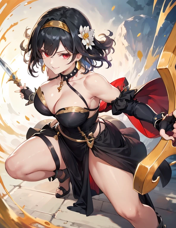 yor briar, anime style beutiful woman, 1girl,fullbody, happy, smile, red face, closed mouth, beautiful detailed eyes, super detailed skin, backlighting, bare shoulders, black background, black dress, black gloves, black hair, breasts, dress, earrings, fingerless gloves, floating hair, floral print, flower, gloves, gold earrings, gold hairband, hair flower, hair ornament, hairband, holding, holding weapon, jewelry, large breasts, long hair, looking at viewer, off-shoulder dress, off shoulder,red eyes, short hair with long locks, sidelocks, solo, spikes, thighs, two-sided dress, two-sided fabric, weapon, fighting stance , face, close up, from above, highest quality, high resolution.
