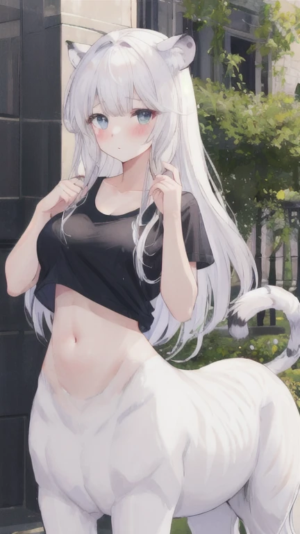 (best quality, masterpiece), 1 girl, centaur, It takes, Crying, belly button t-shirt, 아름다운 소녀 perfect white tiger photo, perfect white tiger photo