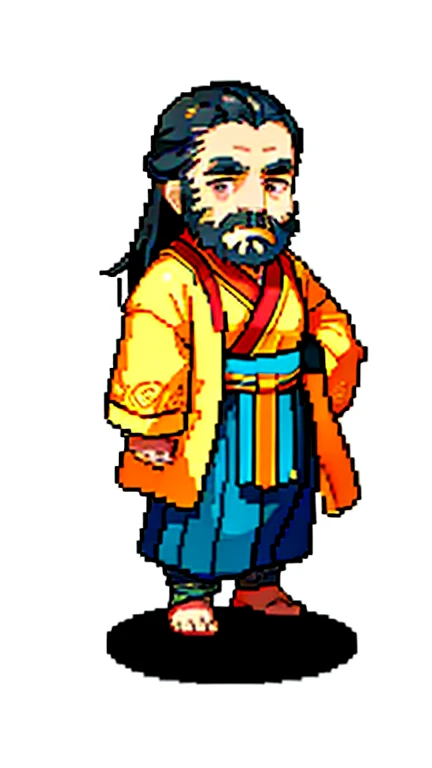 Old man in ancient Chinese costume、Wise Old Man、Looking into the camera、His hair is tied in a bun、Only one topknot、Long sleeve、Hanfu、Black Hair、Stand and pose、Pixel art、(masterpiece, highest quality, highest quality), pixel,pixel art,whole body,Characters in Romance of the Three Kingdoms、Transform、(beard)、Short Deformation、Old man with long beard
