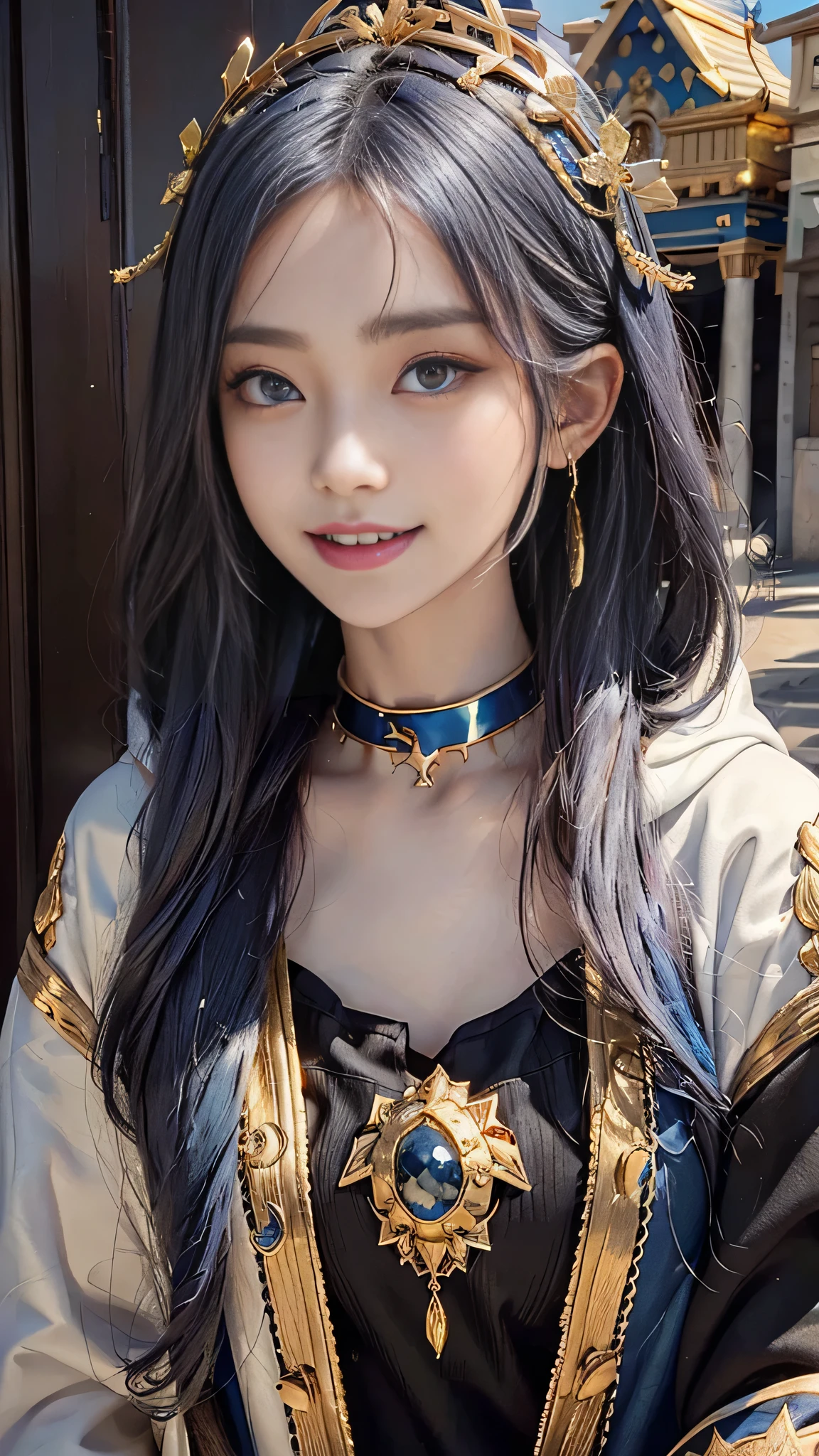 (masterpiece, highest quality),  Intricate details,, One girl,     mouth, Multicolored Hair, blue eyes, Shark hair accessory, Gold hair ornament, gold choker, Gold bracelet, Sharp teeth, Grin, Blue hoodie,,  Greek clothing, Peplos,