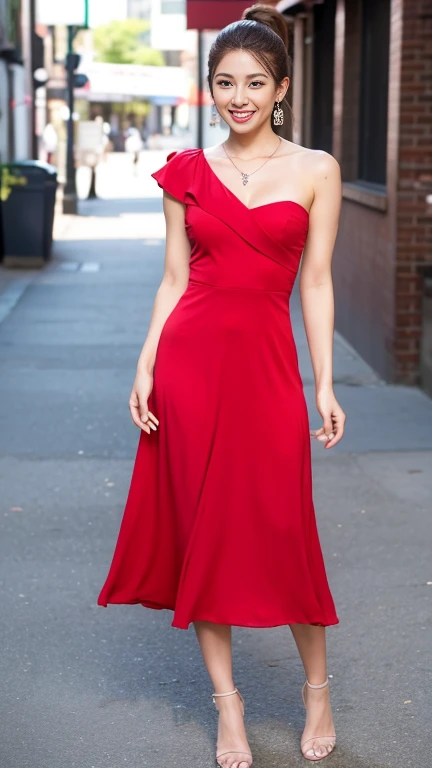 highest quality, Realistic, Very detailed, finely, High resolution, 8k wallpaper, Beautiful woman,, Light brown ponytail hair, Wearing a red dress, Perfect dynamic composition, finelyて美しい目, Realistic , smile, Model Body Type、Earrings,necklace-Net,clock,Beautiful feet,City of night、talk、Chatting,Full Body Shot,Smile and laugh,