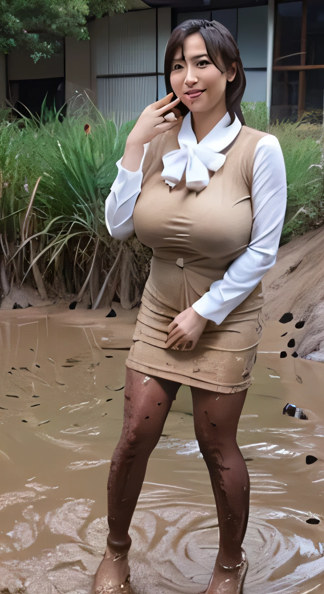 run-6500-v1.1, (RAW Photos:1.2), (Realistic), (Genuine:1.4), 1girl、Perfect Anatomy、Age 35、 (High heels)、(Business services)、 quiet, A calm woman wearing a checked vest., The most elegant long wavy hairstyles:1.65, Wear a tight skirt, Thin lace tight skirt、(Ultra-realistic pantyhose:1.2), Yoshitomo Nara, , Japanese Goddess, Erotic rape-crazed sexy girl, An otaku who likes being raped appears, Rape-crazed otaku, Intense and erotic gaze, (A very loving smile:1.2)、 ((Muddy full body shot:1.76))、((Swamps in Japanese cities))、Lie directly on the mud for erotic seduction、((Muddy clothes:1.85)), Ultra-realistic skin texture、Shiny skin、(((Very large breasts, Bigger than her face:1.65)))、Exposed thighs!!!