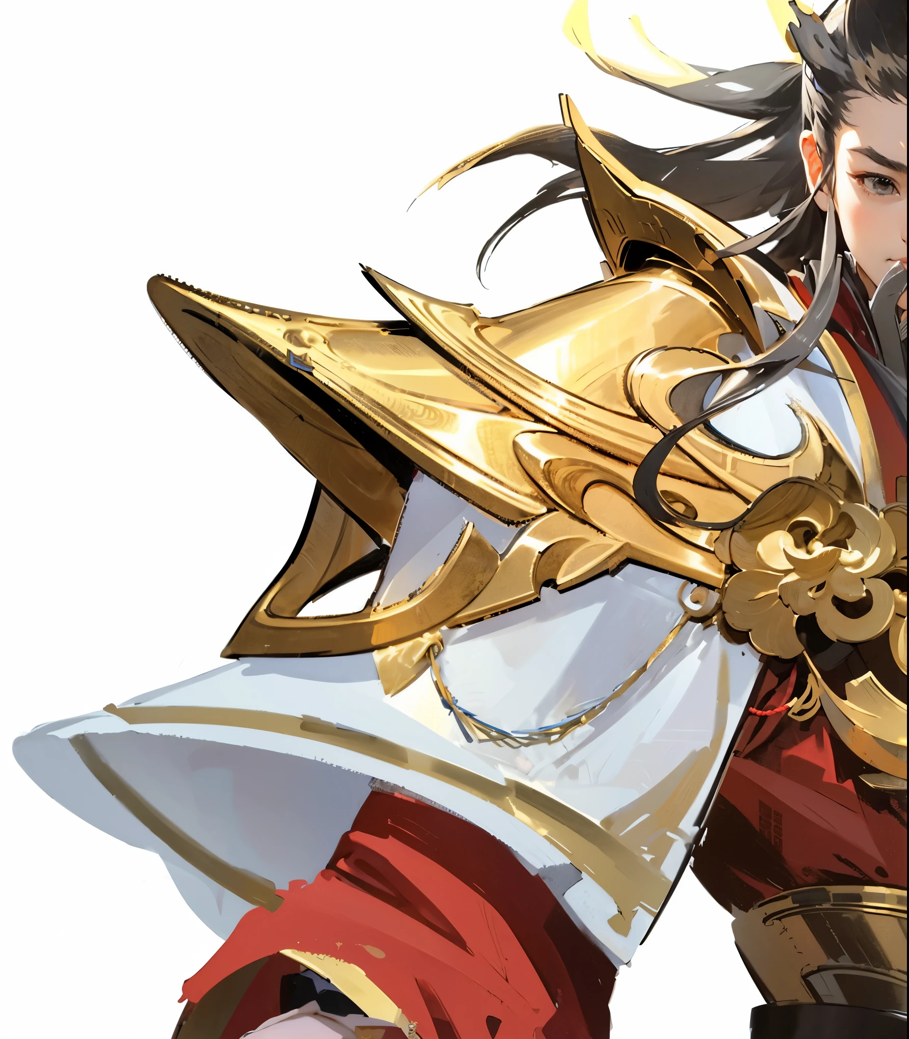 high quality, Li Jing,Meticulous portrayal,Clear structure,Tota,Upper body Chinese armor,With streamers and robes,Wearing armor under a robe,Tota天王,Li Jing,Golden hair crown,Black hair fluttering,Bearded