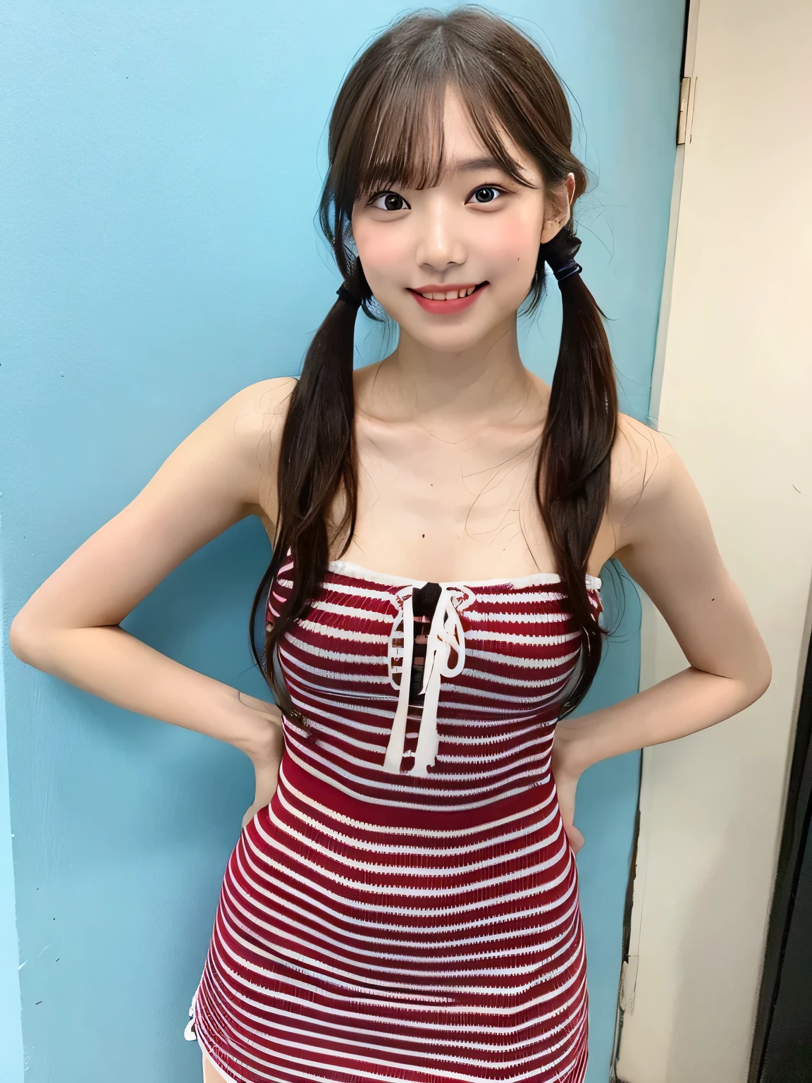 one person、、Full body photo、slender、woman、White drool coming out of the mouth、smile、Short Twin Tails、Stick your butt out、 Fair skin, messy hair, super cute、Soft and Face、8K resolution、Surreal、Ultra high definition、 A-cup small breasts((Highest resolution、8k、masterpiece:1.3))、Ultra-fine face、Ultra Fine Lips、Beautiful Eyes、double eyelid,Light blue wall、Red striped bandeau dress:1.1、Thighs、thin,Thighs are visible、Shapely small breasts、
