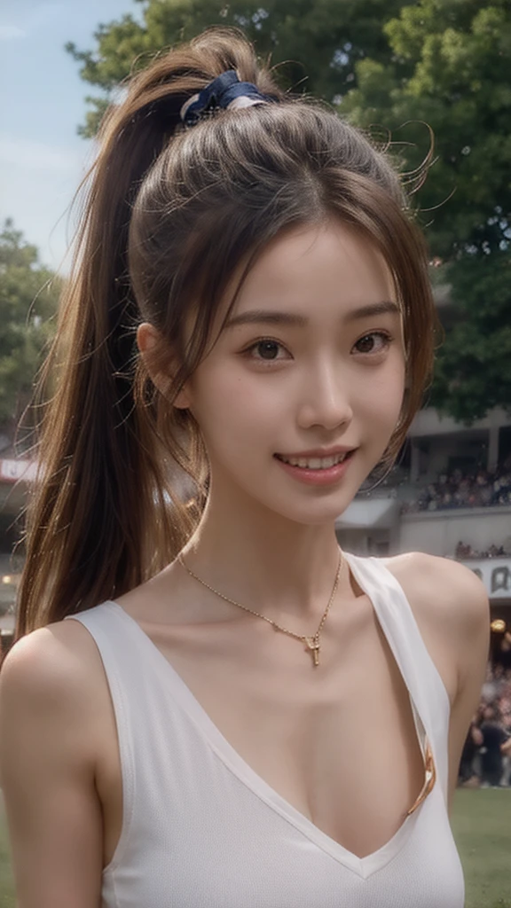 Photorealistic, brghtest smile, 18yo, ponytail hair