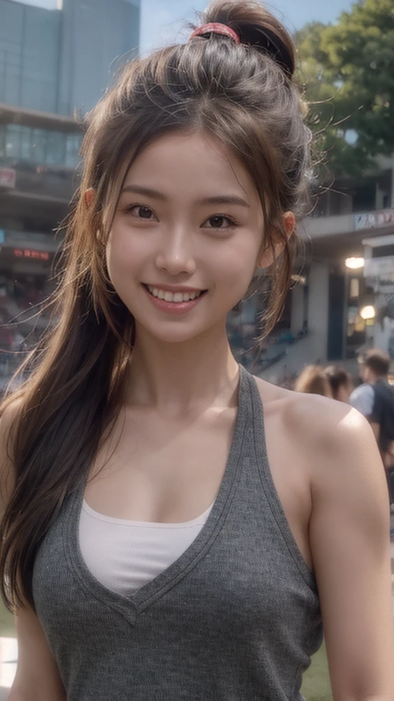 Photorealistic, brghtest smile, 18yo, ponytail hair