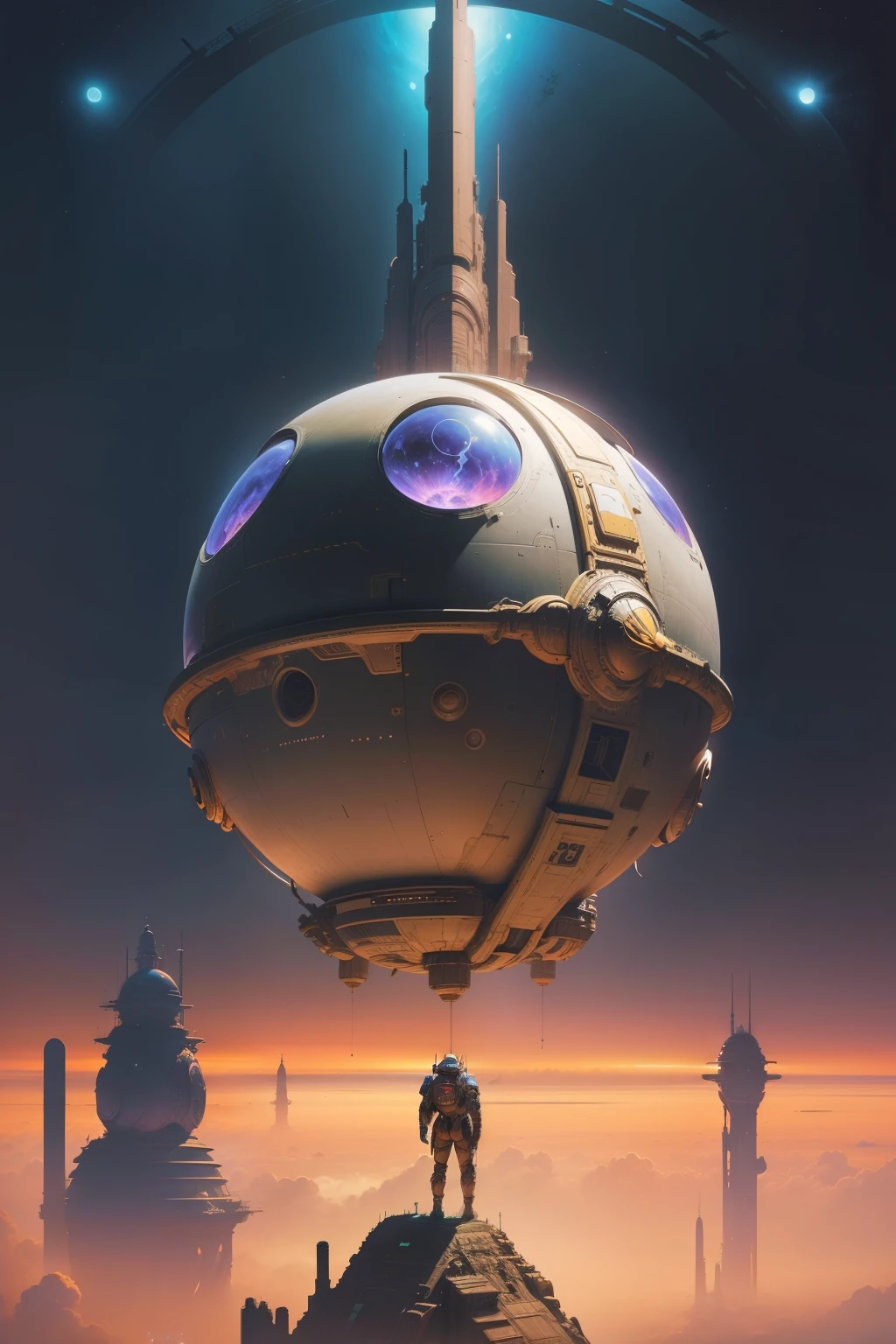 a futuristic spacestation floating above earth, cyberpunk solarpunk by moebius, masterpiece, best quality, intricate, highly detailed:1.1, drawing, Jean Giraud