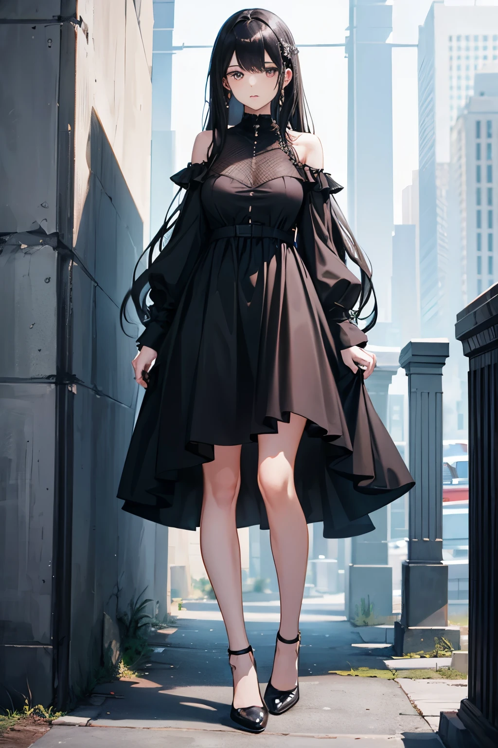 1 female, Black Hair, Big dark eyes, Delicate face, cute, Full-body portrait, Down to the shoes,Are standing,long hair,cute,Black dress,Ultra HD, masterpiece, highest quality, Super detailed, Accurate
