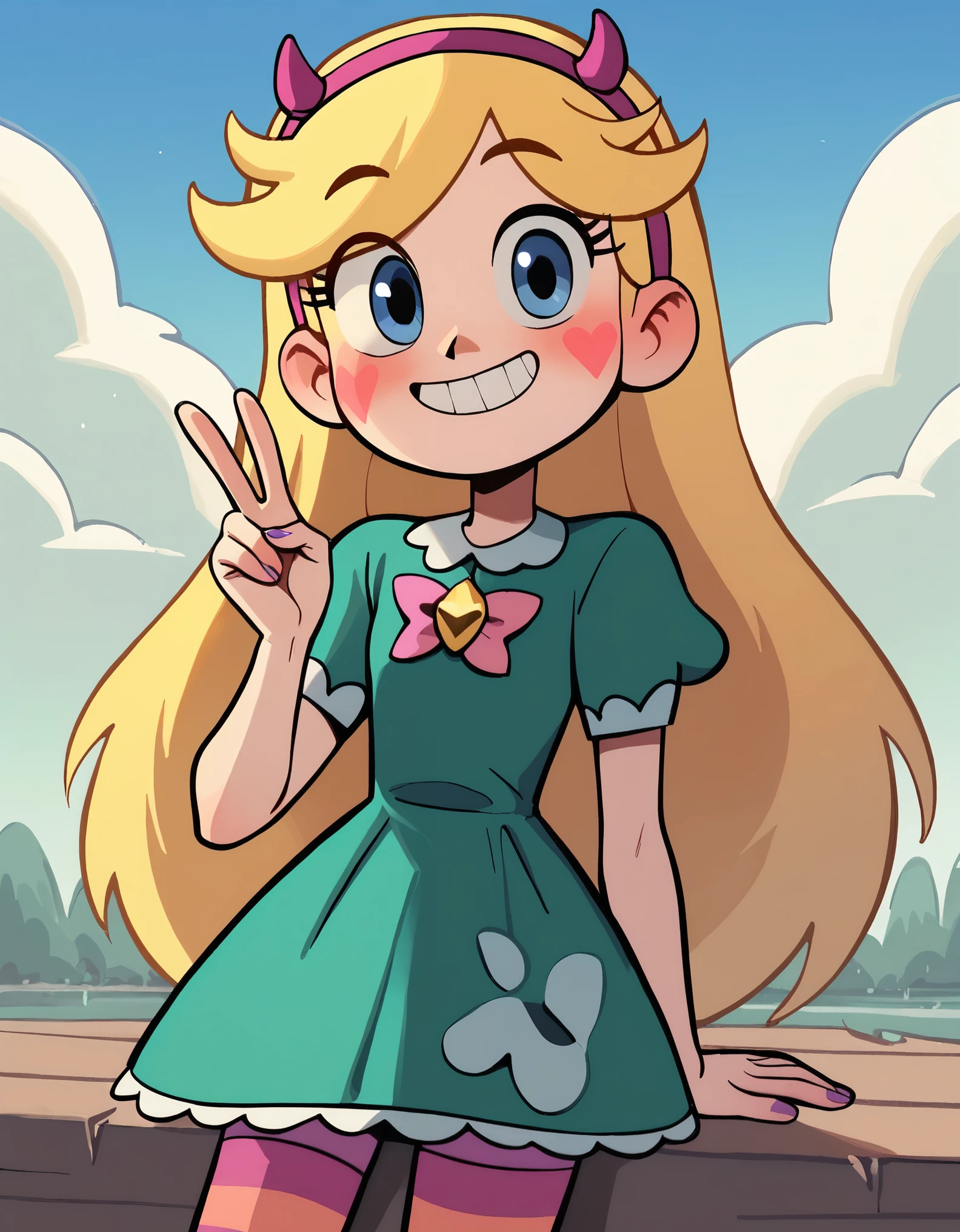 score_9, score_8_up, score_7_up, score_6_up, mngmst_style, star butterfly, 1girl, solo, long hair, blush, green dress, striped thighhighs, outdoors, sky, smile, v, grin 