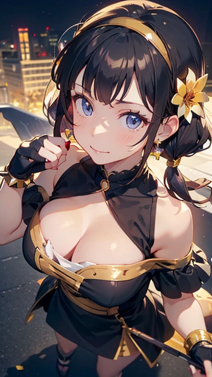 yor briar, anime style beutiful woman, 1girl,fullbody, happy, smile, red face, closed mouth, beautiful detailed eyes, super detailed skin, backlighting, bare shoulders, black background, black dress, black gloves, black hair, breasts, dress, earrings, fingerless gloves, floating hair, floral print, flower, gloves, gold earrings, gold hairband, hair flower, hair ornament, hairband, holding, holding weapon, jewelry, large breasts, long hair, looking at viewer, off-shoulder dress, off shoulder,red eyes, short hair with long locks, sidelocks, solo, spikes, thighs, two-sided dress, two-sided fabric, weapon, fighting stance , face, close up, from above, highest quality, high resolution.
