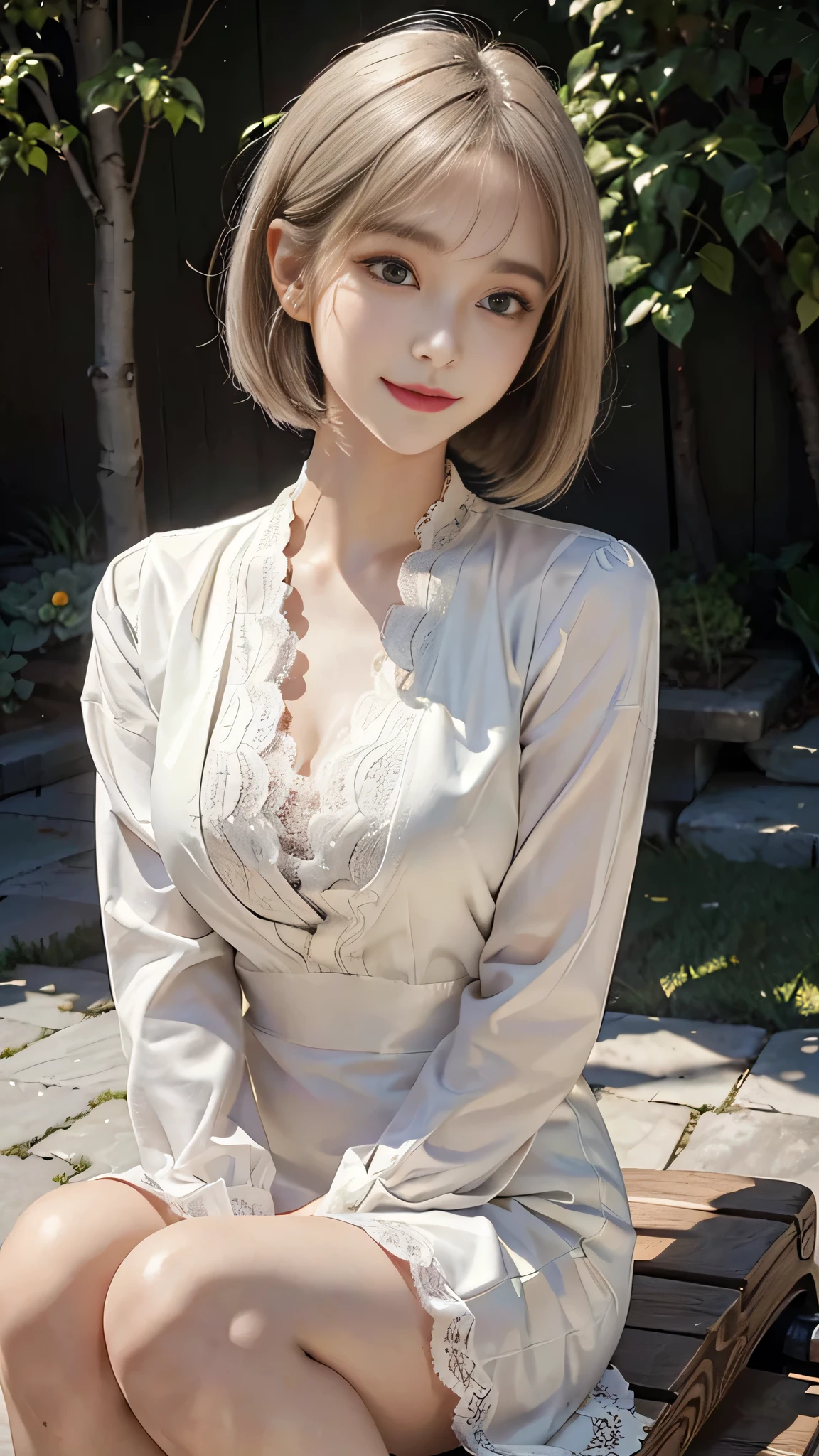 sunny day, Elegant photo of a girl in a blazer dress, (Puffy eyes:1.05), (White lace shirt), Platinum brown hair, (Angled Bob:1.4), Flat bangs, (Flowing hair), smile, Happy, happiness, Skin with attention to detail, Skin pores, A beautiful innocent symmetrical face, Long eyelashes, Black eyeliner, Light gold eyeshadow,(Sit on a bench), Crossed_feet, Emotional, Wind, garden, wood, Grass, masterpiece, highest quality, Realistic,