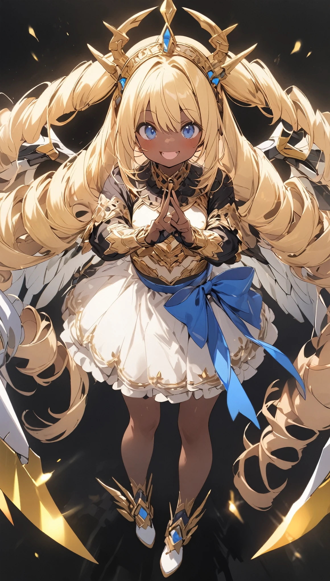 score_9, score_8_up, score_7_up, best quality ,masterpiece, 4k, Japanese anime, 1girl, (brown skin:1.2), blonde hair, drill hair, blue ribbon, (mechanical dragonhorn:1.2), (mechanical wing:1.2), blue eyes, laugh, 130cm tall, original character, fantasy, (black background:1.2), (full body:1.5), beautiful fingers, standing, (blue gold lace frill armor dress:1.2), (mechanical headdress:1.5) , shoot from front, looking at viewer ,