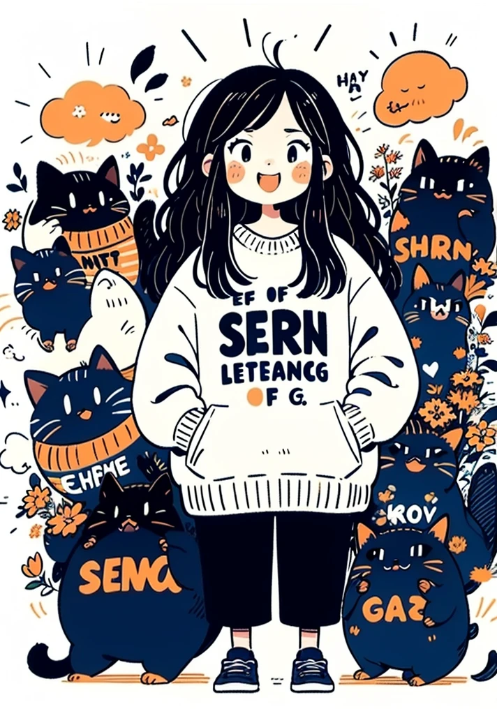 Masterpiece, perfect, best quality, standing on the tongue of heaven,cute Girl ,black hair, sort hair, blue sweatshirt, holding book, happy spring,Simple lines,Minimalism,abstraction,white background, full color