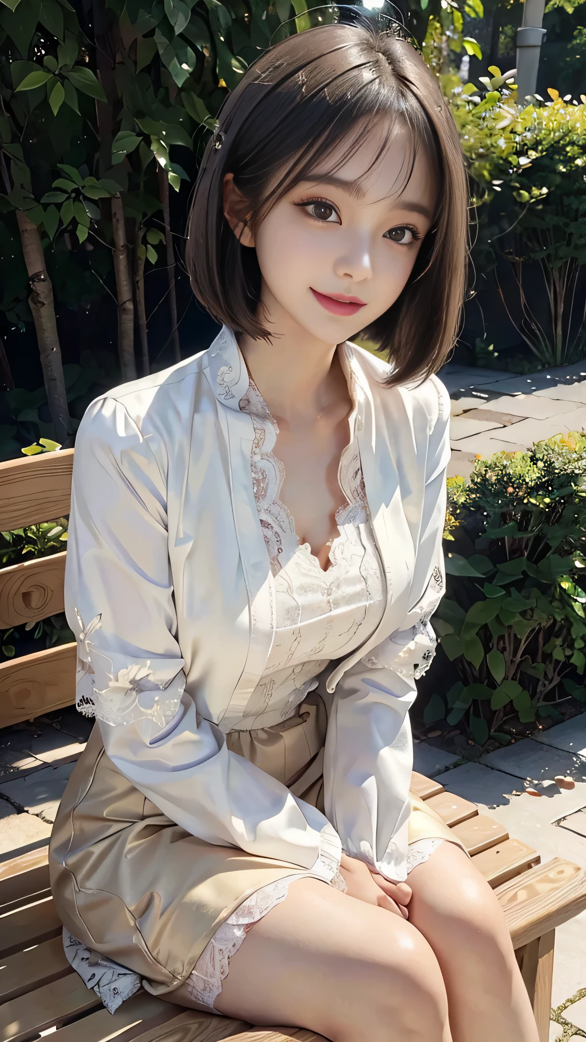 sunny day, Elegant photo of a girl in a blazer dress, (Puffy eyes:1.05), (White lace shirt), Platinum brown hair, (Angled Bob:1.4), Flat bangs, (Flowing hair), smile, Happy, happiness, Skin with attention to detail, Skin pores, A beautiful innocent symmetrical face, Long eyelashes, Black eyeliner, Light gold eyeshadow,(Sit on a bench), Crossed_feet, Emotional, Wind, garden, wood, Grass, masterpiece, highest quality, Realistic,