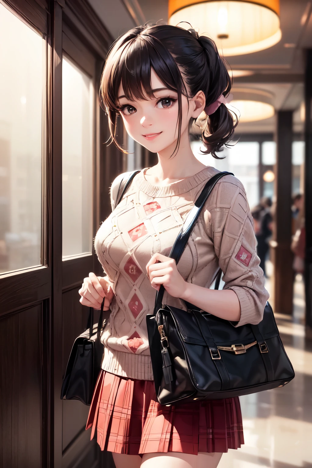 very cute and beautiful girl,(highly detailed beautiful face),
(smile:1.2),happy,embarrassed,looking at viewer,(argyle pattern sweater),cowboy shot,(white and pink plaid skirt),
standing in front of hotel entrance in modern capital city,night,holding tote bag,black hair,low ponytail,
(best quality,masterpiece),absurdres,highres,ultra-detailed,extremely detailed,32k,8k resolution,
intricate details,cinematic scene,detailed background,solo,dynamic angle,