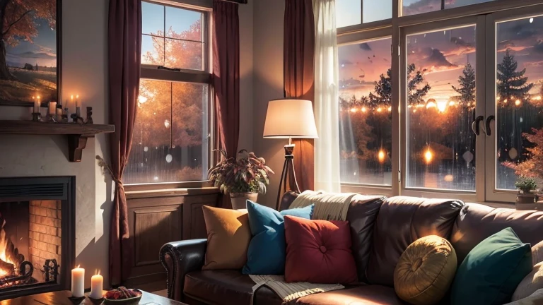 Top quality,High resolution,Photorealistic,Autumn sunset,Villa living room,Beautiful interior,Fireplace,Sofa,Beautiful autumn leaves through window,Dim lighting,Wooden low table with plants and small candles on table,Large wooden window,Wooden deck outside window,Wooden wooden handrail on deck, it is raining outside, water droplets on windowpane