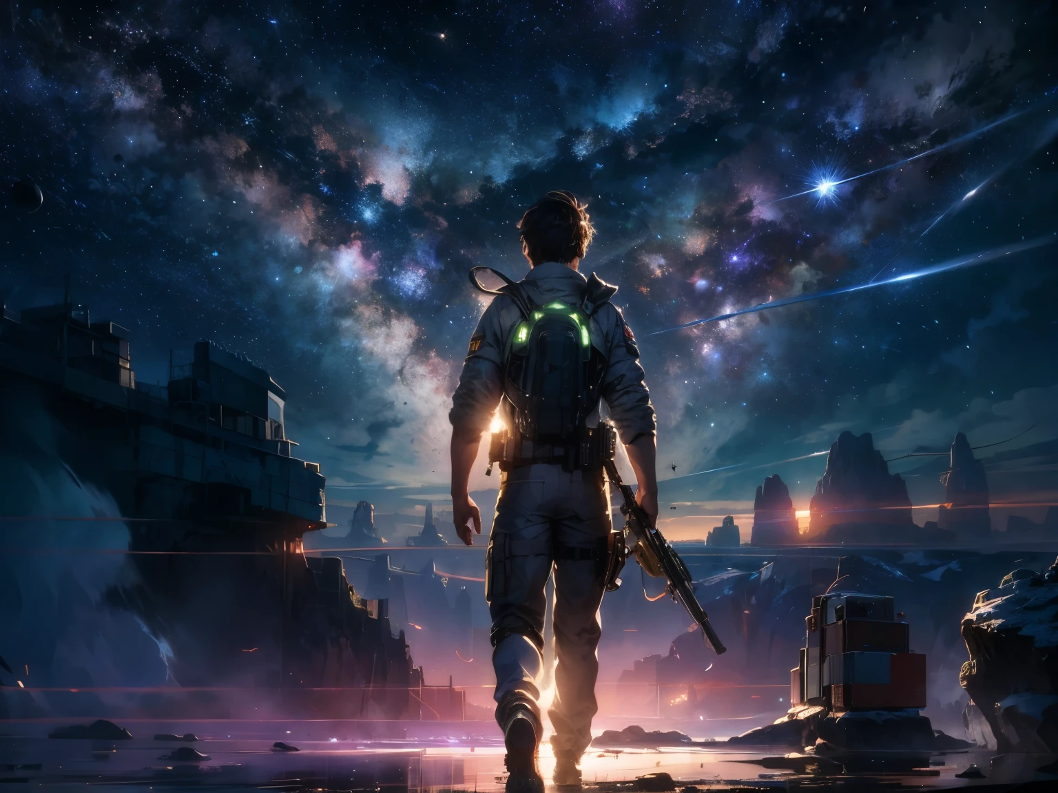 Draw a young male programmer, standing on a research platform floating in the middle of an asteroid belt, turn him front on viewers , from behind,surrounded by several spaceships glowing with fiery auras BREAK Dramatic lighting from distant stars and planets illuminates the scene, casting deep shadows on the suit, looking at the vast and mysterious universe with wonder and respect,BREAK,Detailed,Realistic,4k highly detailed digital art,octane render, bioluminescent, BREAK 8K resolution concept art, realism,by Mappa studios,masterpiece,best quality,official art,illustration,ligne claire,(cool_color),perfect composition,absurdres, fantasy,focused,rule of thirds