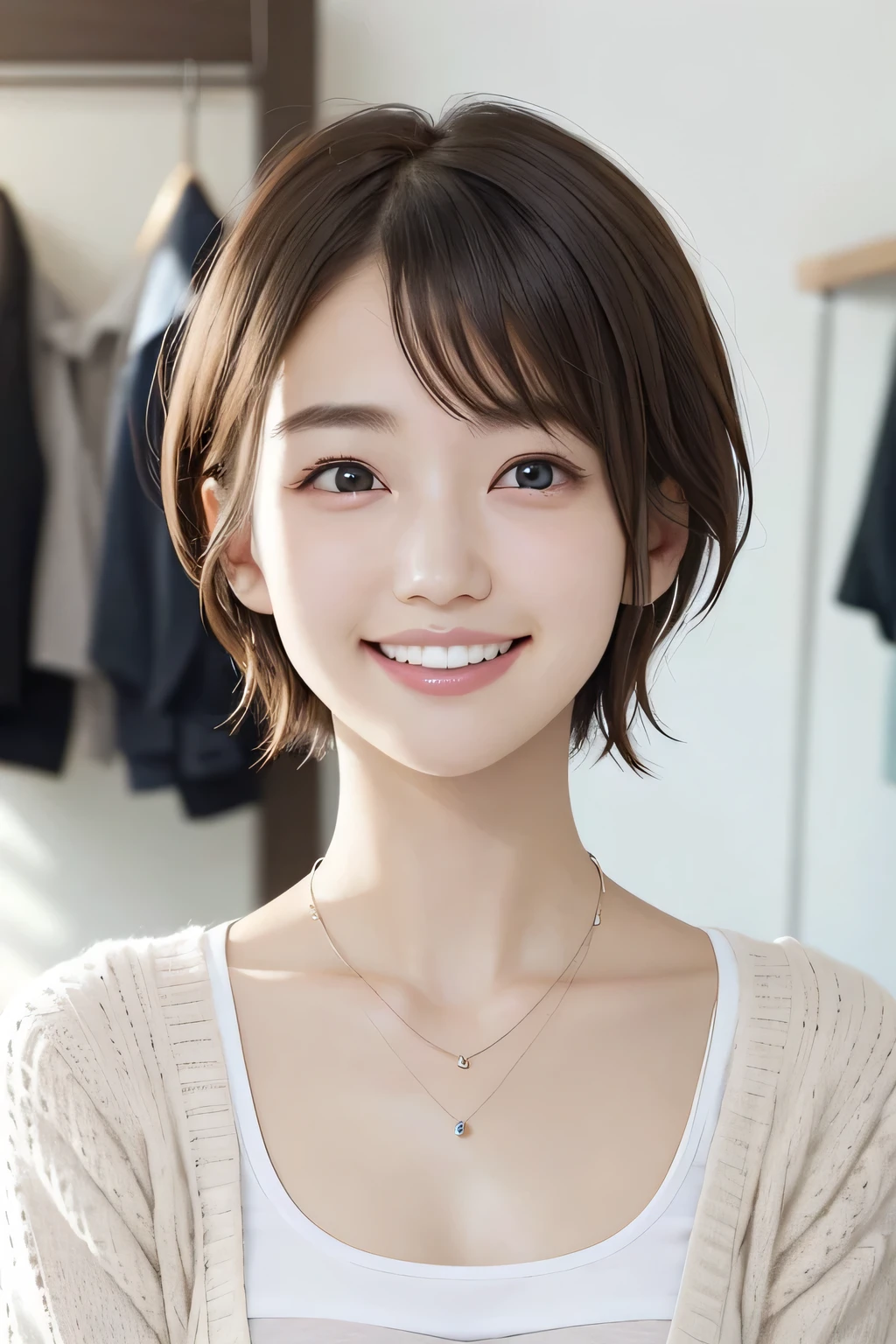 205 ((short hair)), 20-year-old female, In underwear、cardigan、Open your mouth、smile、Beautiful teeth alignment、Black Hair、ear piercing、Necklace around the neck、Looking into the camera, Waiting for the start