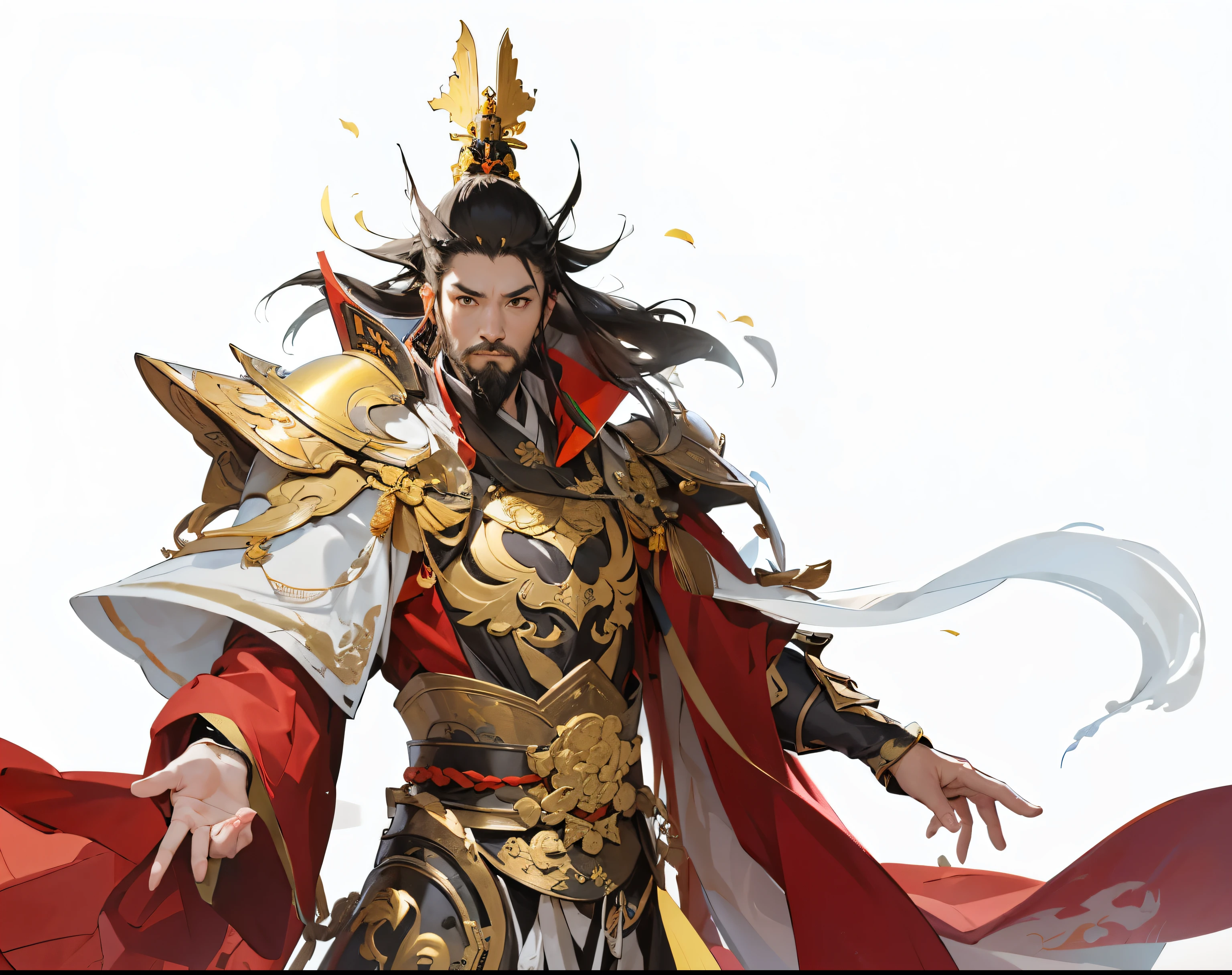 high quality, Li Jing,Meticulous portrayal,Clear structure,Tota,Upper body Chinese armor,With streamers and robes,Wearing armor under a robe,Tota Tenno,Li Jing,Golden hair crown,Black hair fluttering,Bearded