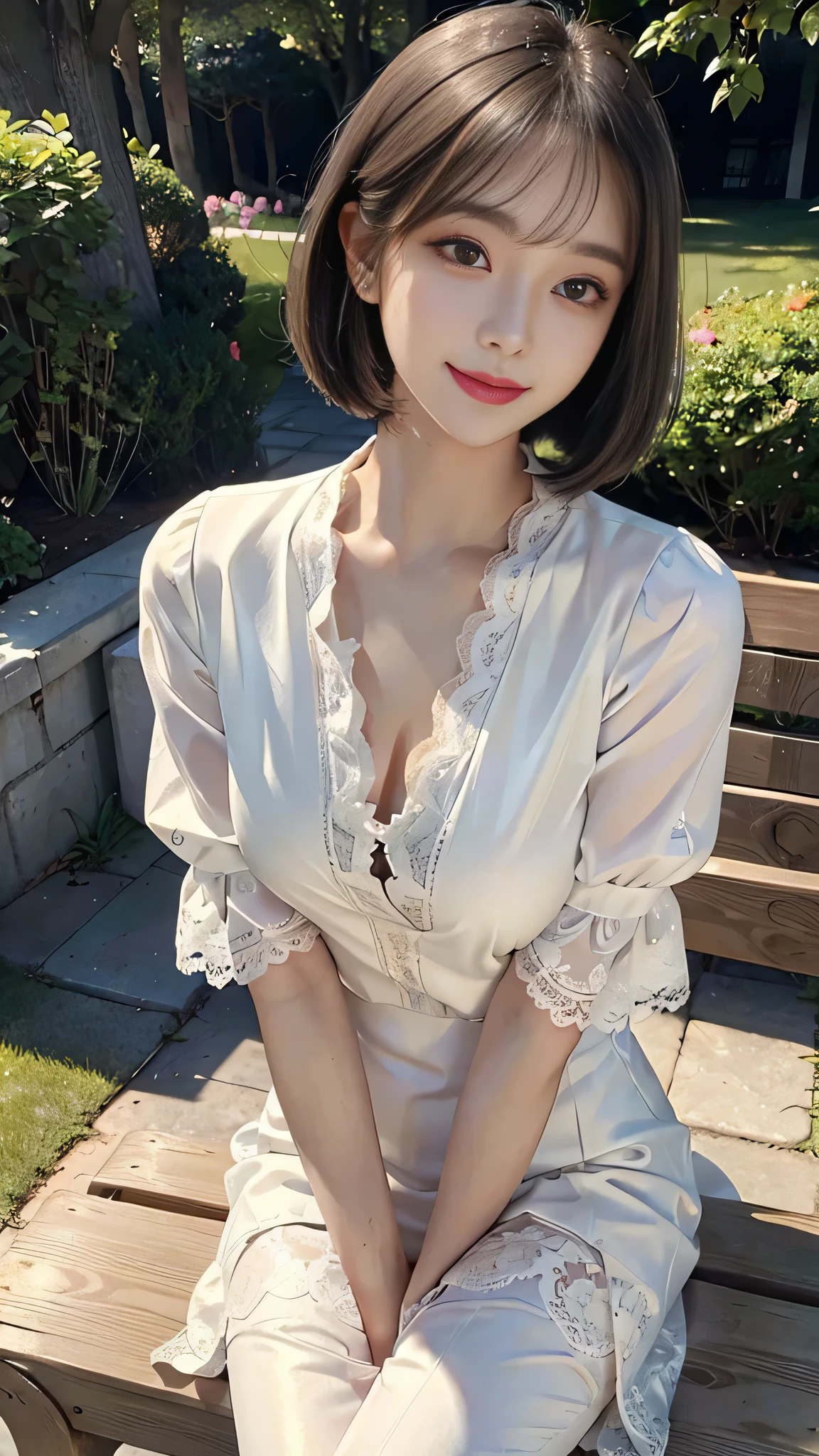 sunny day, Elegant photo of a girl in a blazer dress, (Puffy eyes:1.05), (White lace shirt), Platinum brown hair, (Angled Bob:1.4), Flat bangs, (Flowing hair), smile, Happy, happiness, Skin with attention to detail, Skin pores, A beautiful innocent symmetrical face, Long eyelashes, Black eyeliner, Light gold eyeshadow,(Sit on a bench), Crossed_feet, Emotional, Wind, garden, wood, Grass, masterpiece, highest quality, Realistic,