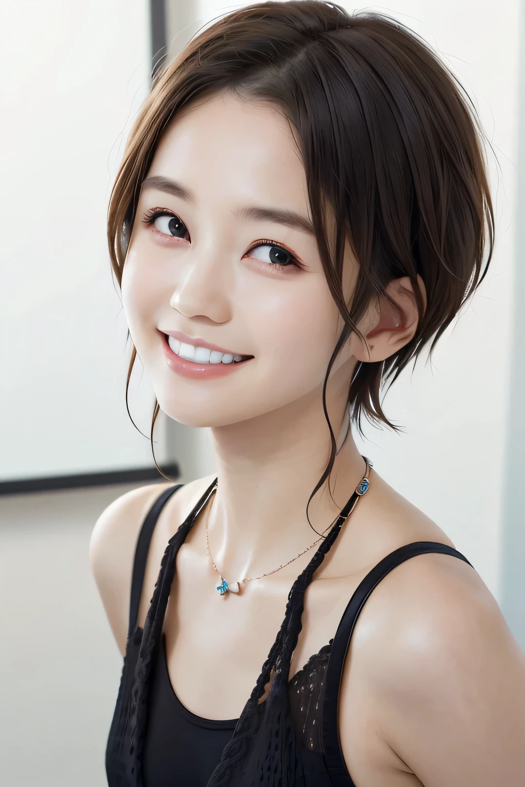 205 ((short hair)), 20-year-old female, In underwear、cardigan、Open your mouth、smile、Beautiful teeth alignment、Black Hair、ear piercing、Necklace around the neck、Looking into the camera, Waiting for the start