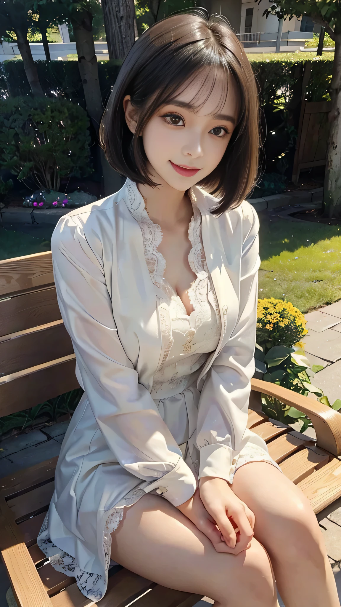 sunny day, Elegant photo of a girl in a blazer dress, (Puffy eyes:1.05), (White lace shirt), Platinum brown hair, (Angled Bob:1.4), Flat bangs, (Flowing hair), smile, Happy, happiness, Skin with attention to detail, Skin pores, A beautiful innocent symmetrical face, Long eyelashes, Black eyeliner, Light gold eyeshadow,(Sit on a bench), Crossed_feet, Emotional, Wind, garden, wood, Grass, masterpiece, highest quality, Realistic,