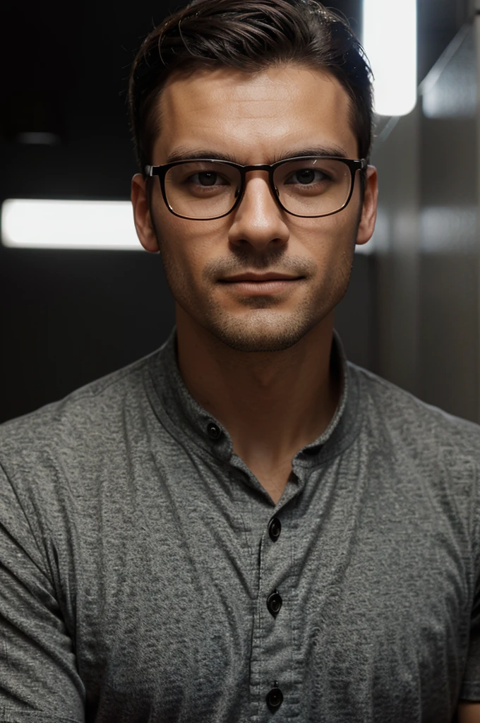 Create an image of a man wearing glasses for my optics, please take the images preferably with the same frame model and do not deviate from this standard