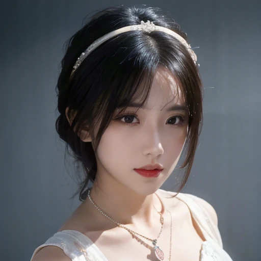 best quality, masterpiece, high resolution, 1 Girl, Porcelain dress, Hair accessories, necklace, Jewelry, Pretty Face, Physically, Tyndall effect, Practical, Dark Studio, Side lighting, Two-color lighting, (High Detail Skin: 1.2), 8K UHD, Digital SLR Camera, Soft Light, high quality, Volumetric Light, frank, photo, high resolution, 4k, 8K, Background blur,