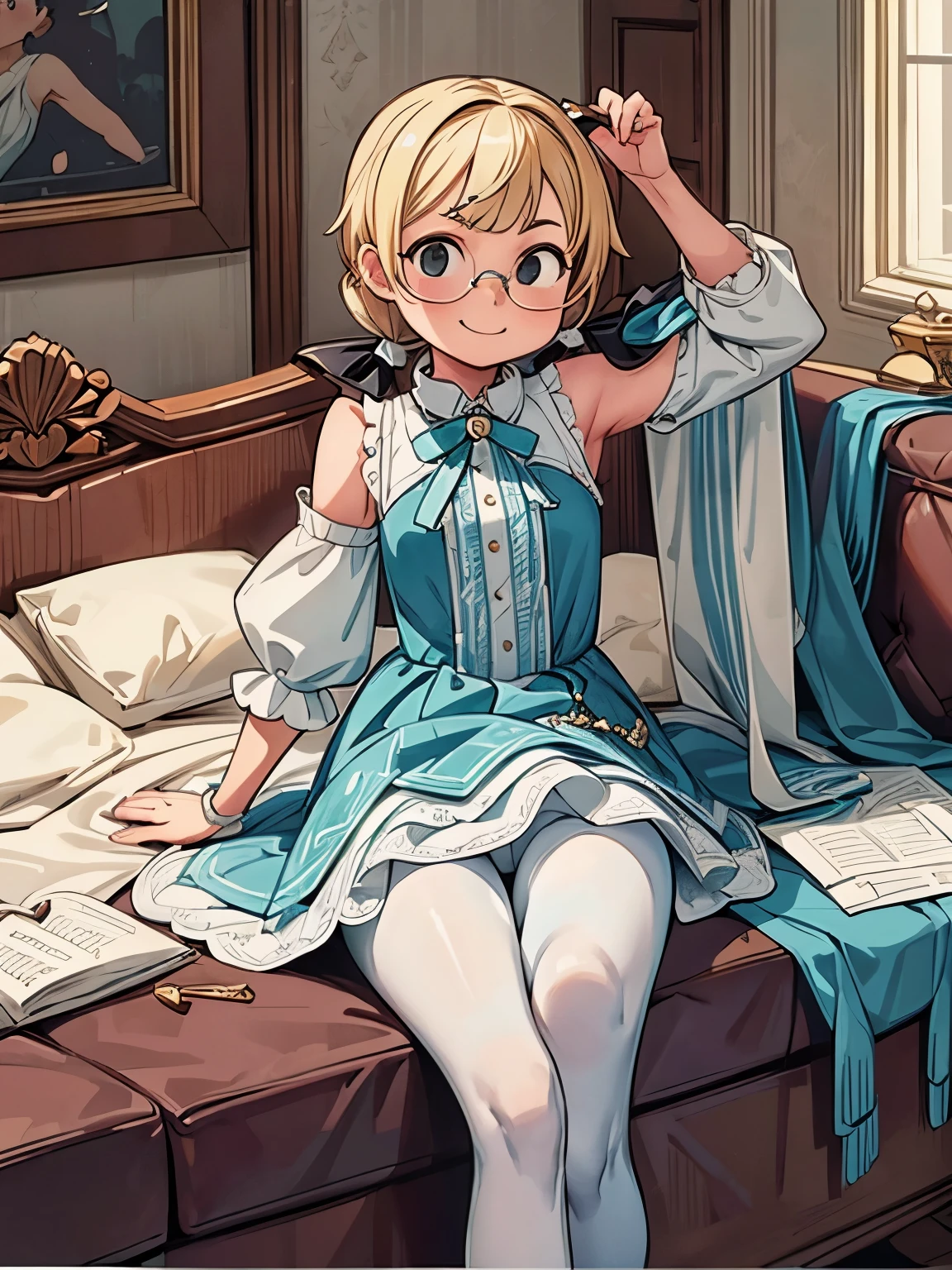 (masterpiece、highest quality、highest quality、Official Art、Beautiful and beautiful:1.2)、(One girl:1.3)Hatsune Miku、Twin tails,Big Breasts,(Best image quality, masterpiece:1.2), (Ultra high definition illustration), (Very cute princess:1.3　s), (1 girl:1.2), alone ,(Condescending look:1.3), No sleeve, Show your armpits, (Gorgeous queen dress:1.3), whole body, Round baby face, (Wear glasses, Blonde short cut), (White thigh-high pantyhose:1.2), (Wicked Smile), (Mean face), (Mesgaquismiles),  Luxurious palace room, Fancy Room, RPG Royale, Beautiful feet,