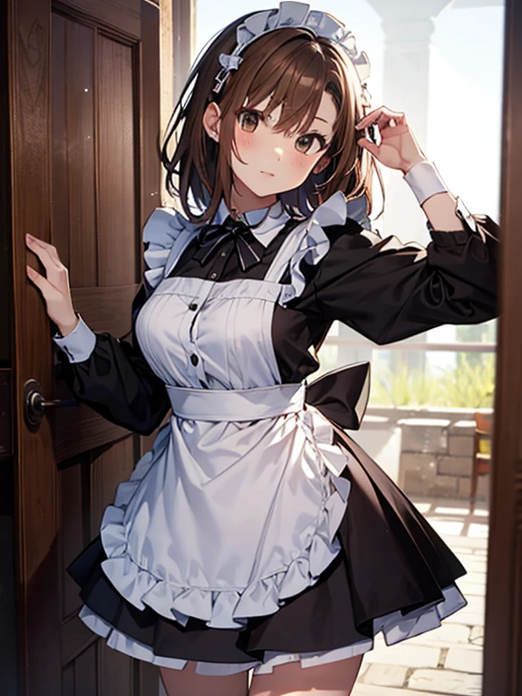 Misaka Mikoto、girl, brown hair, Maid、Medieval Europe、Cowboy Shot、UHD, retina, masterpiece, anatomically correct, textured skin, high details, best quality,