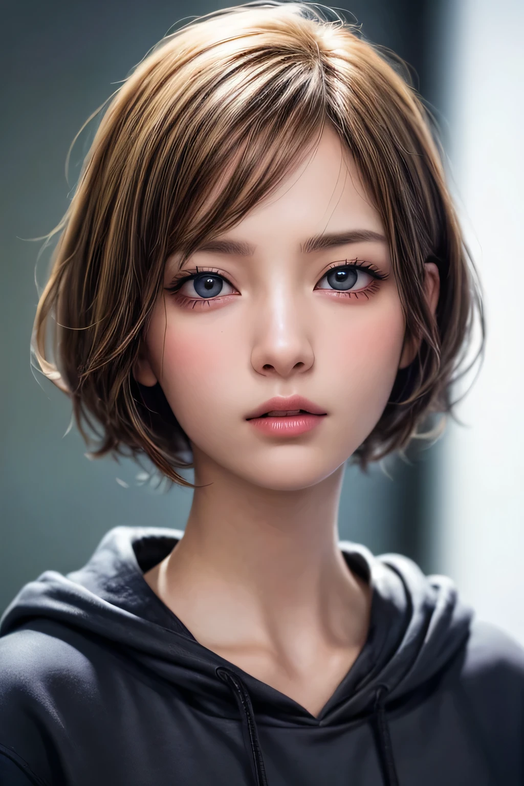(NSFW:-1.5), (masterpiece:1.3), (8k, photorealistic, RAW photo, best quality: 1.4),
cinematic lighting,
(1girl), beautiful face, (realistic face),
beautiful hairstyle, (short hair :1.5),
realistic eyes, beautiful detailed eyes,
(realistic skin), beautiful skin,
(hoodie without a hood),
absurdres, attractive,
ultra high res, ultra realistic, highly detailed,
golden ratio,
