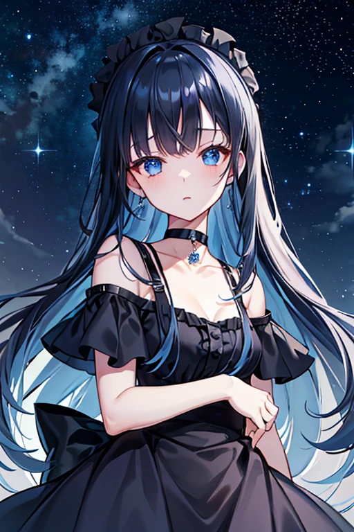 Black choker Navy blue off-the-shoulder frill dress Background starry sky Navy Blue Hair Bangs Straight Long Dark blue eyes