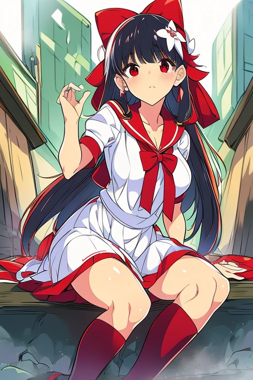 Araffe dressed as a snow White with a red bow and a red bow, Beautiful vampire queen, realistic role play, 《Adventure Treasure》Marceline, anime girl role play, 4K HD snow White hair, Beautiful vampire queen, snow White as a d &D Fighter, snow White, anime role play, role play, Vampire Camilla, Has long black hair, on the street,Torn clothes,Large Breasts, (Large areola:1), , (Pure face_V1:0.5) blush