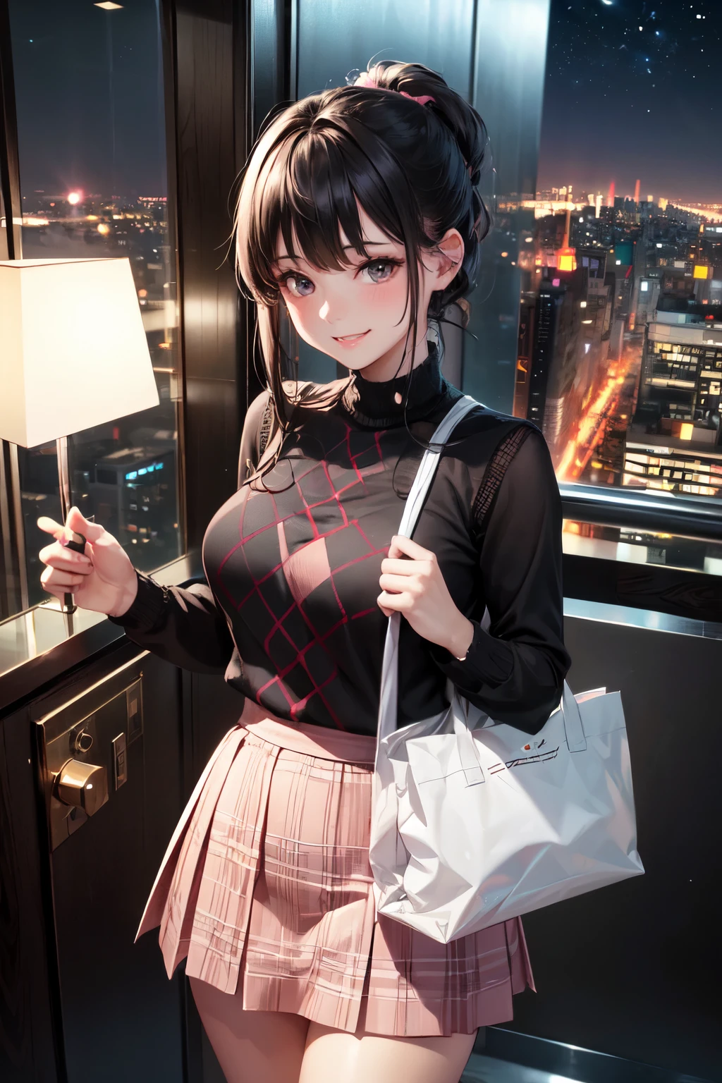 very cute and beautiful girl,(highly detailed beautiful face),
(smile:1.2),happy,embarrassed,looking up,looking at viewer,(argyle pattern sweater),cowboy shot,(white and pink plaid skirt),
standing in luxury elevator in hotel,night city view,holding tote bag,black hair,low ponytail,
(best quality,masterpiece),absurdres,highres,ultra-detailed,extremely detailed,32k,8k resolution,
intricate details,cinematic scene,detailed background,solo,dynamic angle,